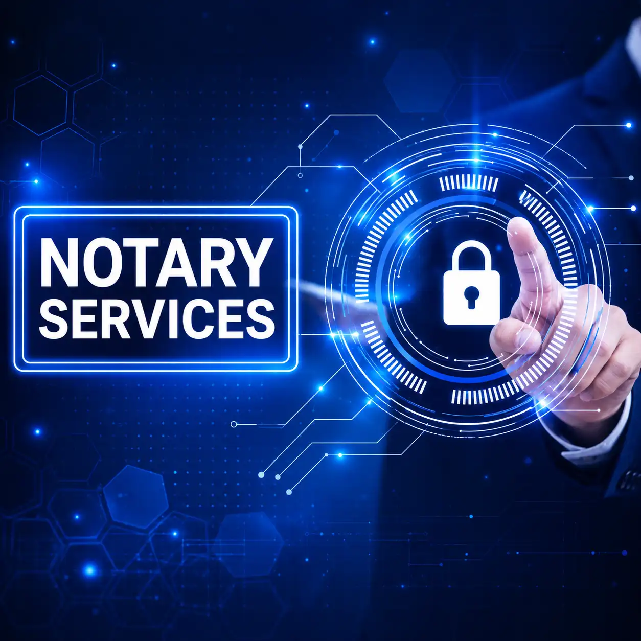 Notary services sign with a digital security lock and a pointing finger, symbolizing secure notarization.