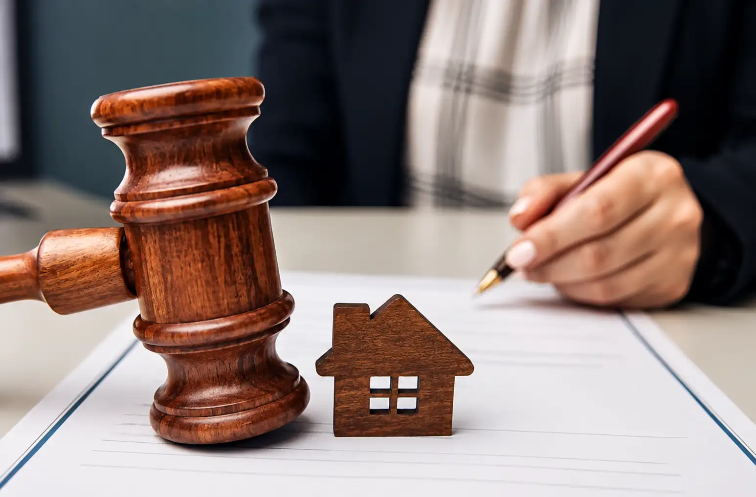 Judge's gavel and a wooden house model sit on a contract as a person signs legal papers, signaling a real estate or property agreement.