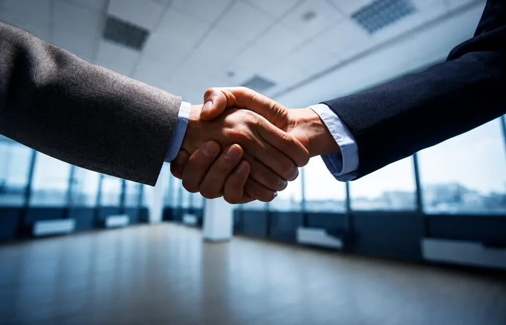 Two professionals shake hands in a bright modern office, symbolizing an agreement or partnership.