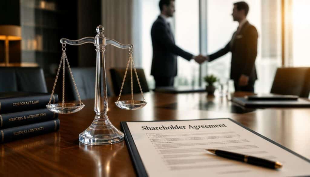 Corporate balance scale and legal shareholder agreement contract on a wooden table in a Calgary boardroom