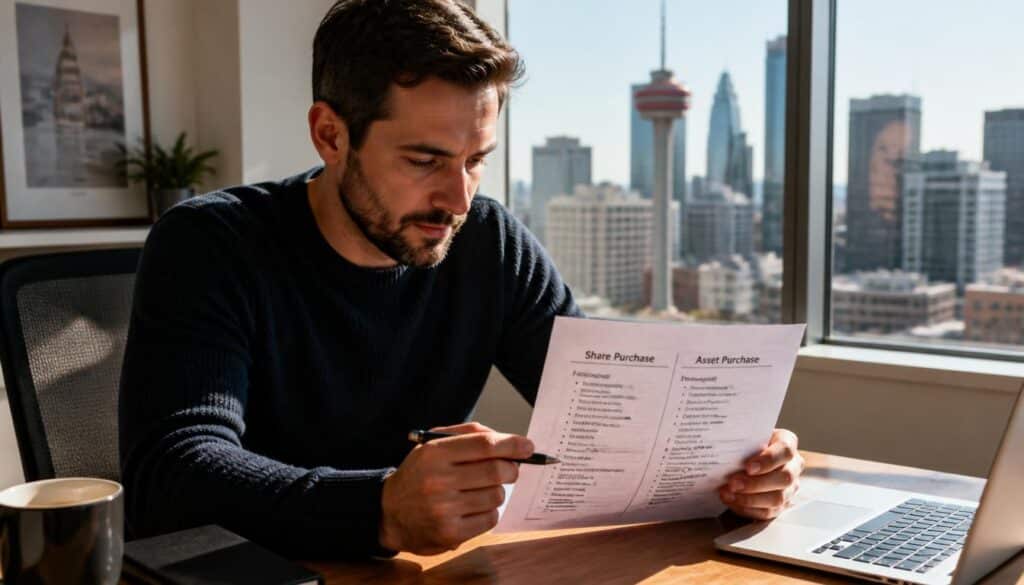 Entrepreneur reviewing share vs asset purchase business documents at a desk in Calgary