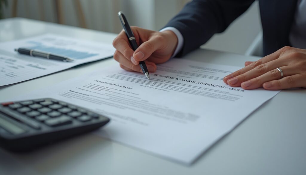 Business financing documents and loan agreement reviewed before signing a commercial loan